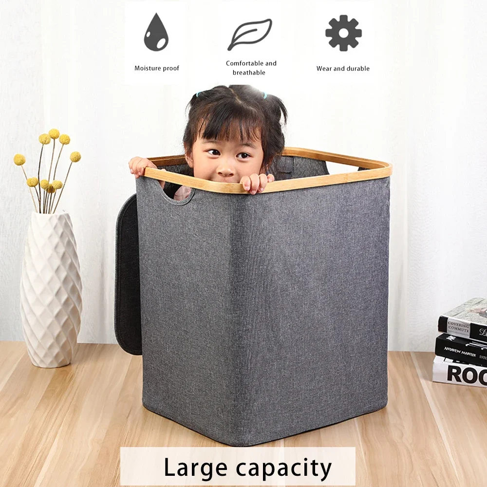 

Clothes/toys/debris Handle Laundry Basket Bamboo With Storage Lid Foldable Large Waterproof Multifunction Dirty