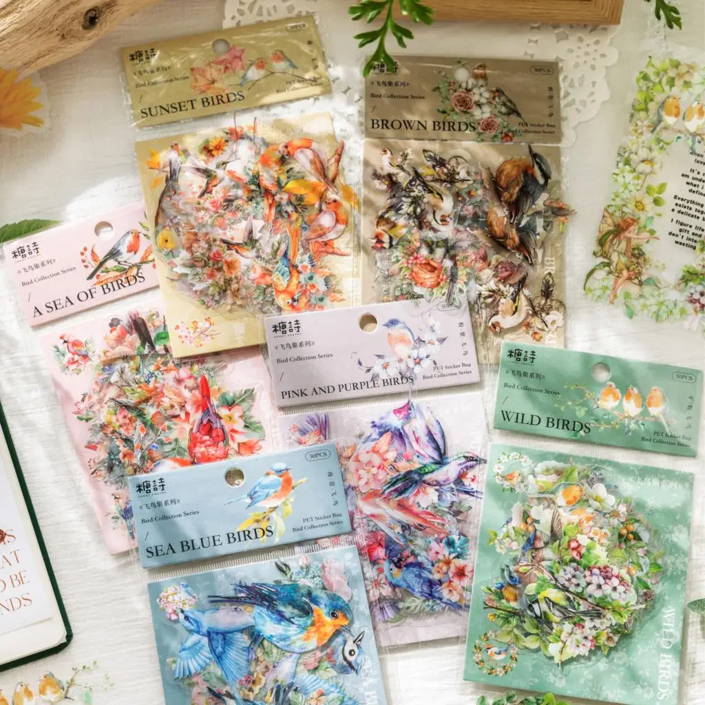 

30Pcs/Pack Birds And Flower Branches Theme Stickers Handmade Hand Account Collage Material Aesthetic Scrapbooking Diary Supplies