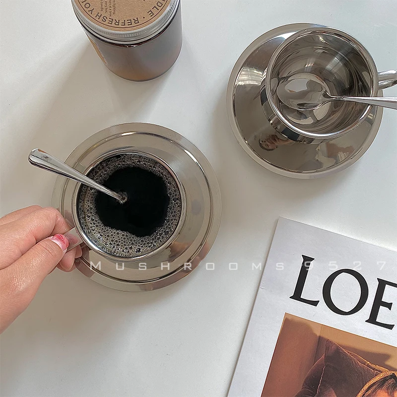 Korean Style Niche Coffee Cup and Saucer Set Retro Stainless Steel Coffee Cup Small Posing Vlog Afternoon Tea stainless steel cup coffee cup stainless steel cups coffee stirring cup stainless steel mug