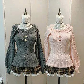 Autumn Winter Woman Korean Fashion Cute Pullover Sweet 2000s Sweater Elegant Oversize Knitwears Designer Aesthetic Chic Coquette 1