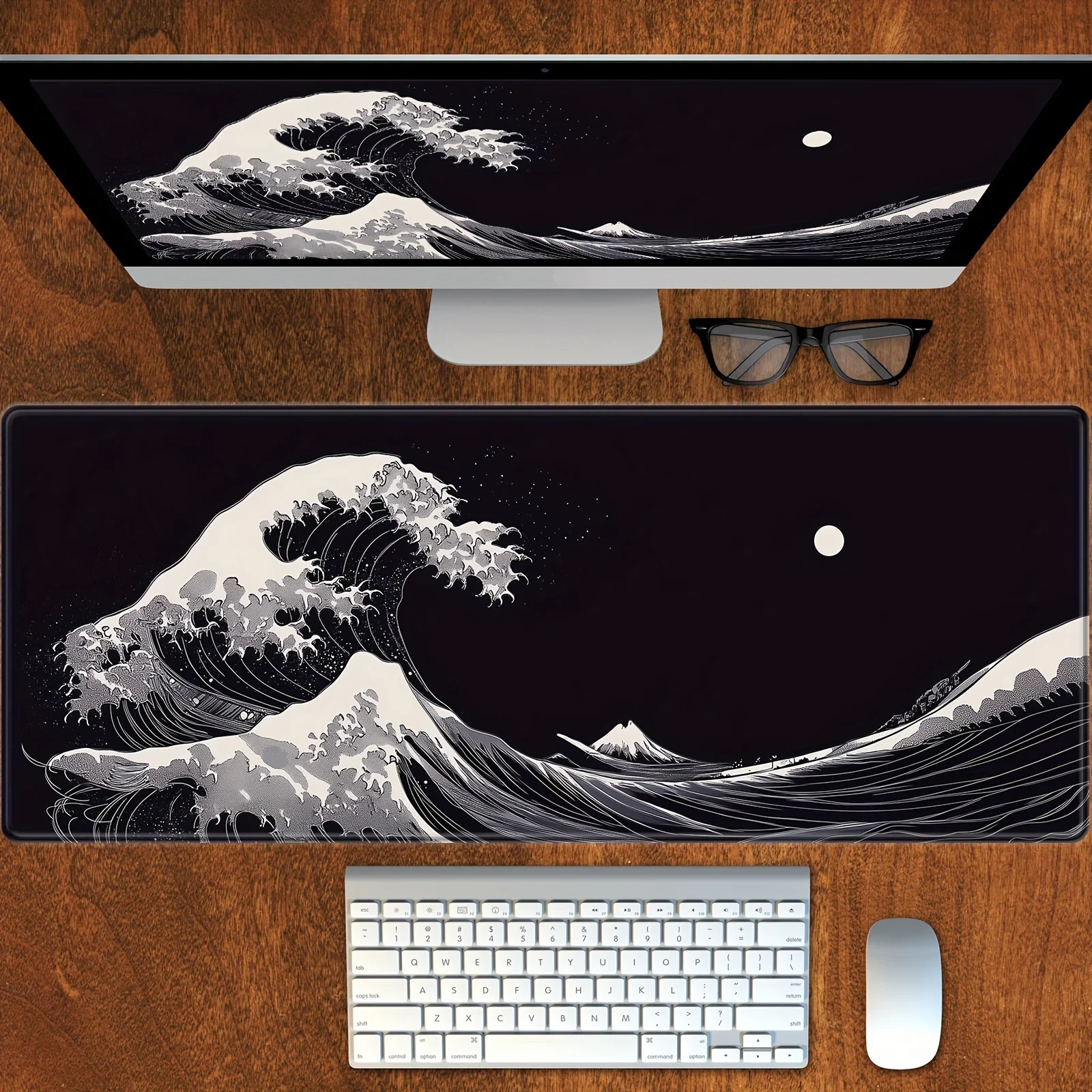 Black Wave Design Desk Mat - XXL Large Anti-Slip Rubber Mouse & Keyboard Pad