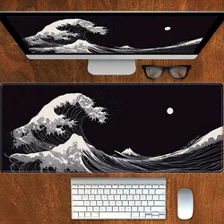 Black Wave Design Desk Mat - XXL Large Anti - Slip Rubber Mouse & Keyboard Pad - 300x600x2MM (WHITE)
