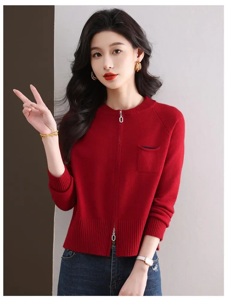 Frühling Herbst Frau Kleidung Zipper Kurze Tops Weibliche Stricken Woolen Pullover Jacke Mode Oansatz Langarm Jumper Mantel – Detail 4