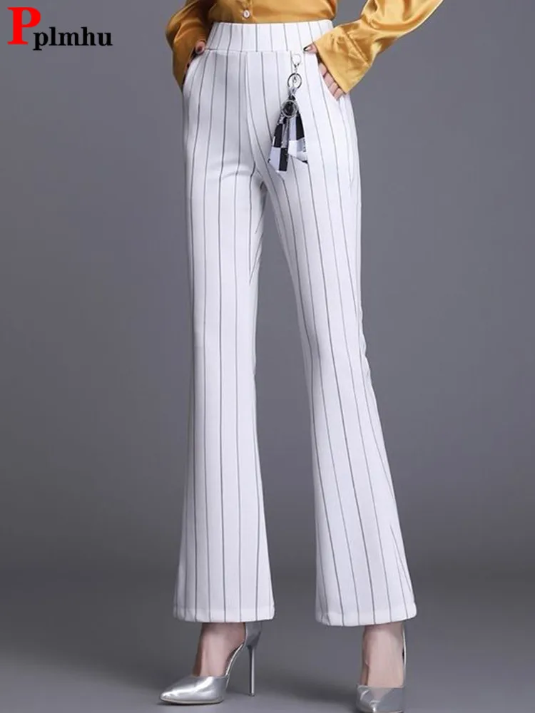 

Oversize 4XL Office Lady Striped Flare Pants Korean Fashion Formal Pantalones Casual Design OL High Waist Trousers New