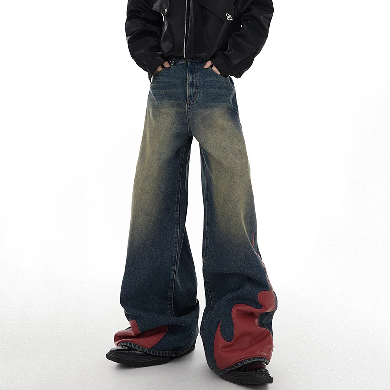 

IEFB Men Trousers Pu Spliced Baggy Jeans Niche Design Washed Leather Patchwork Streetwear Loose Wie Leg Casual Denim Pant 9C1719