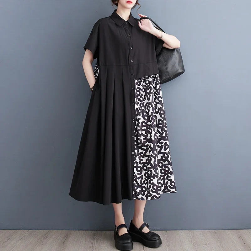 

Patchwork Short Sleeve Oversized Vintage Numeral Print Japanese Cotton Dress Pleat Women Solid Shirt Dress Summer Fashion Casual