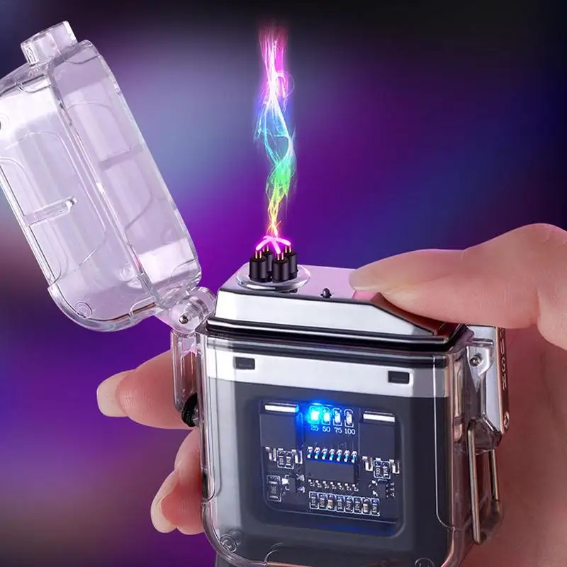 Cigarette Lighter Electric Arc Igniter Transparent Dual Arc Plasma Waterproof Lighter Watch Rechargeable USB Flashlight Flameless Windproof Lighter for Outdoor Camping