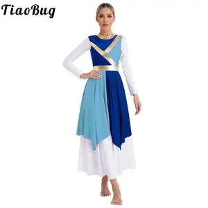 Women's Color Block Liturgical Dress Dancewear Sleeveless Asymmetrical Hem Praise Dance Dresses Lyrical Ballroom Dancing Clothes