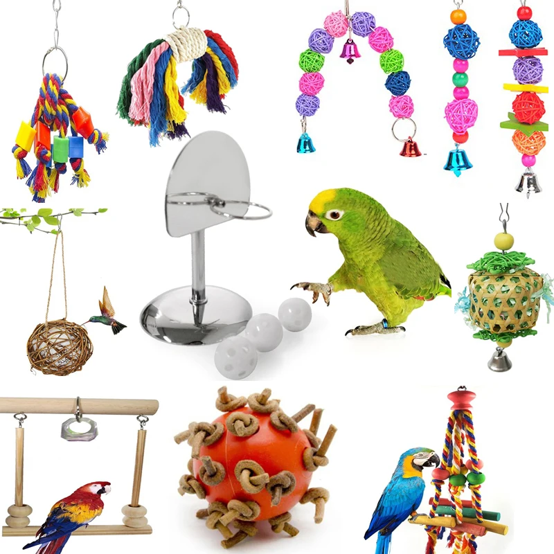 

1PC Natural Wooden Parrots Swing Toy Birds Colorful Beads Bird Supplies Bells Toys Perch Hanging Swings Cage for Pets