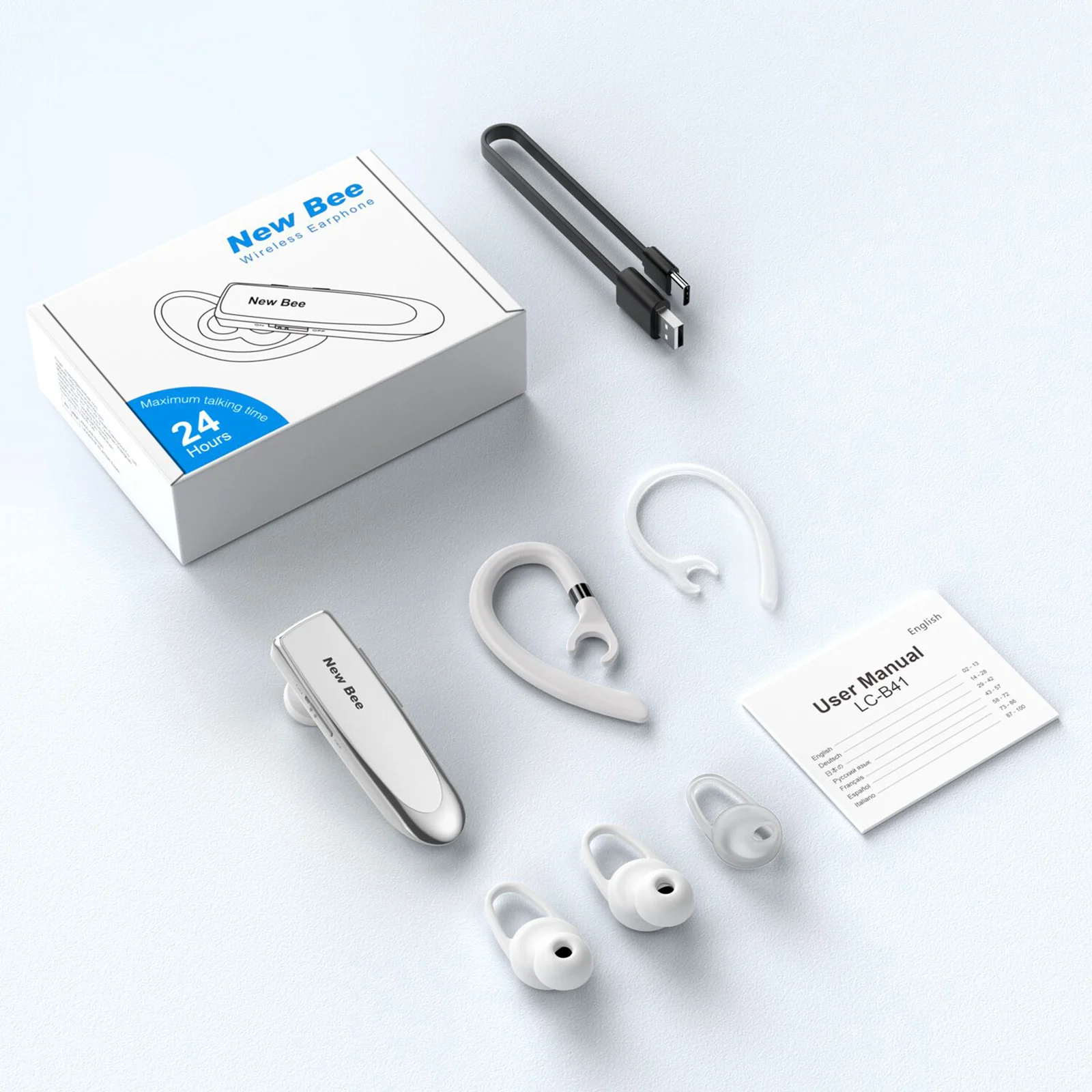 NEWBEE Single Wireless Bluetooth Headset Earphone Noise Cancelling Mic Sports Headphone Hands-Free Earbuds 24 Hrs Driving Office 6