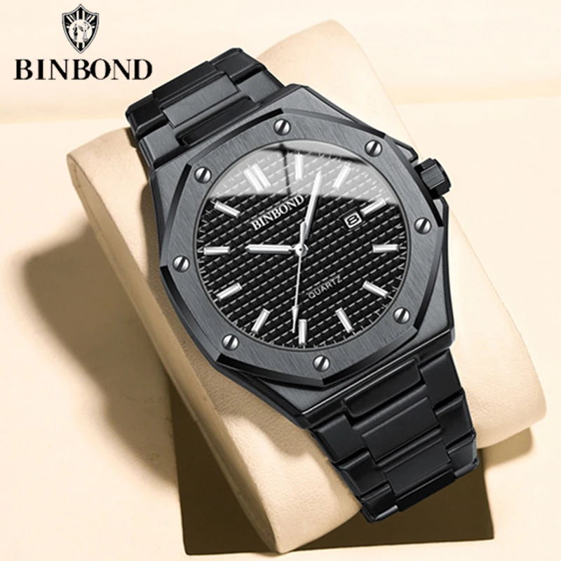 BINBOND Men's Classic Silver Stainless Steel Quartz Watch with Luminous Dial
