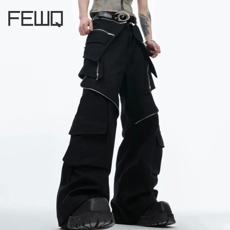 

Мужские свободные брюки на молнии FEWQ, серые однотонные повседневные брюки с большими карманами и металлической молнией, одежда для работы, 2024