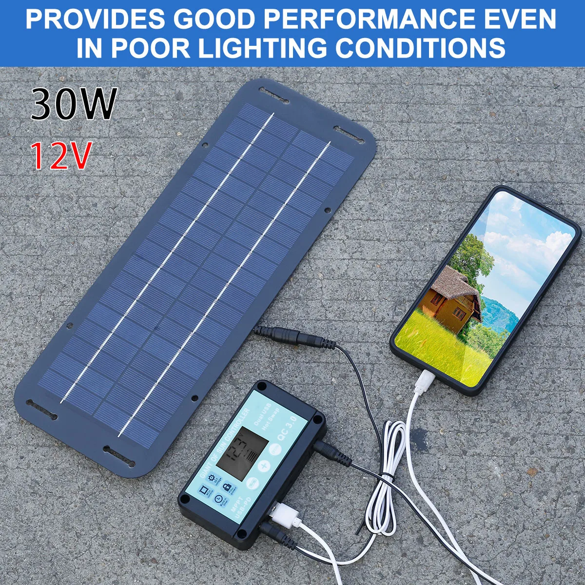 30W12VSolarPanelKitWaterproofOutdoorsSolarPoweredChargerPortableChargerKitwithFor