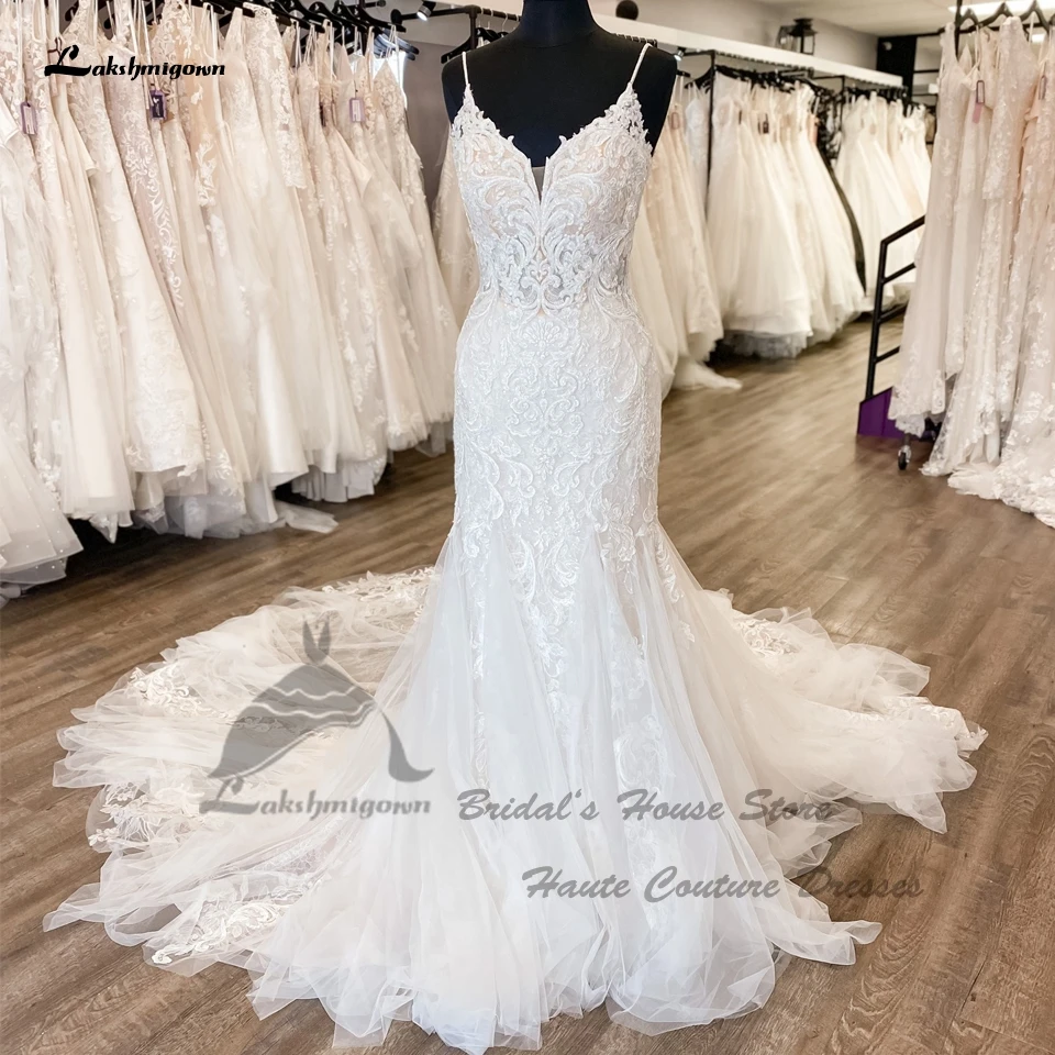 

Роскошные кружевные свадебные платья Lakshmigown с юбкой-годе, V-образным вырезом, 2024, платья с бисером, богемные пляжные платья невесты на бретелях-спагетти