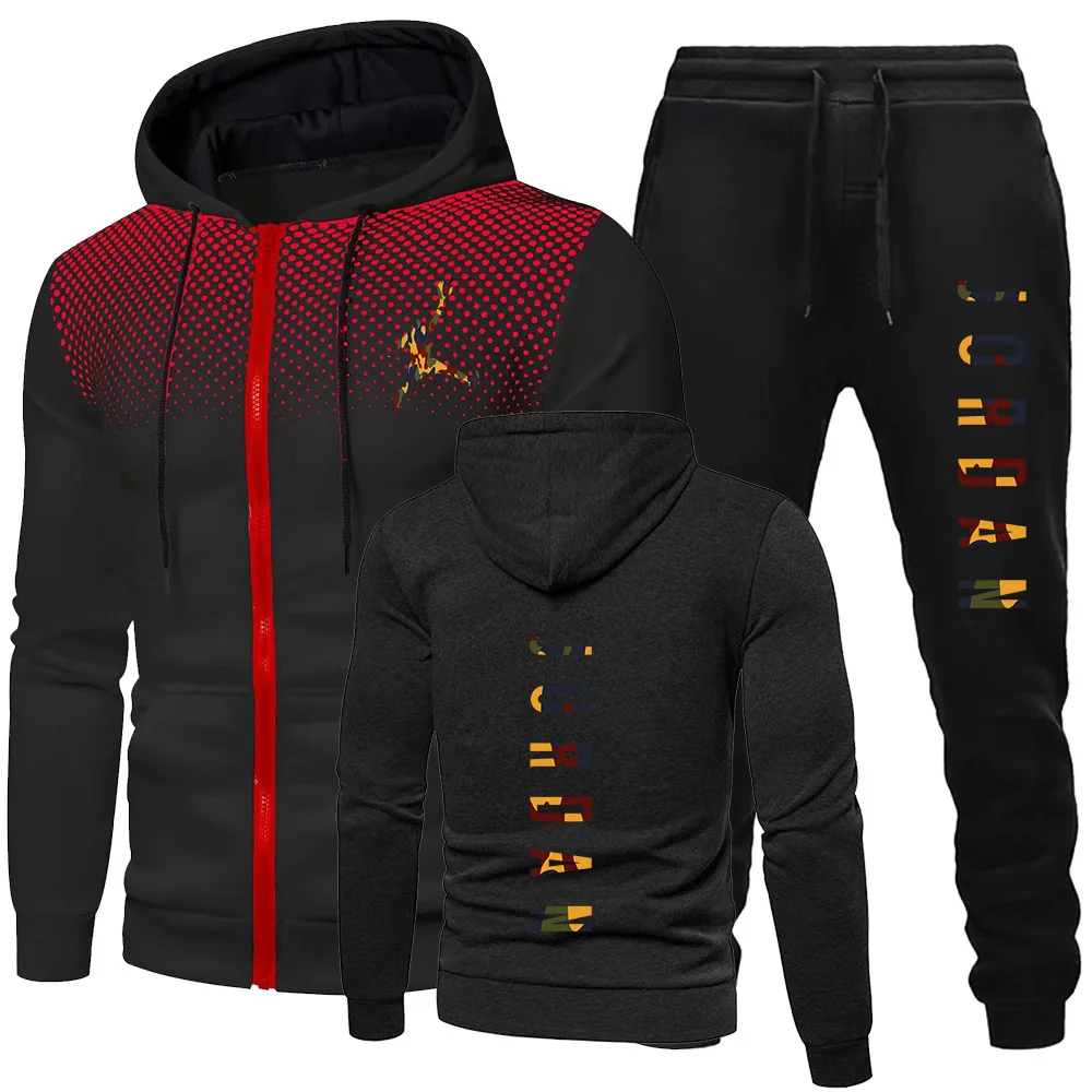 2024 New Spring Autumn Fleece Print Men's Tracksuit Hoodies Pants 2Pcs Sets Sports Suit High Quality Brand Men's Clothing