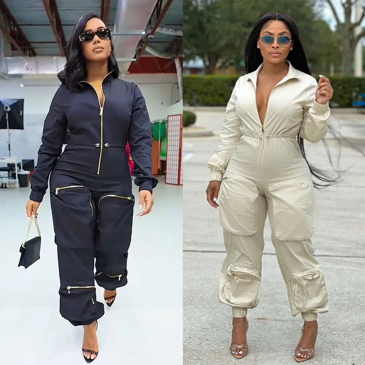 

LEOSD Casual Long Sleeve Zipper Multiple Pockets Jumpsuit Slim Turn Down Collar Streetwear Cargo Overalls Autumn Rompers