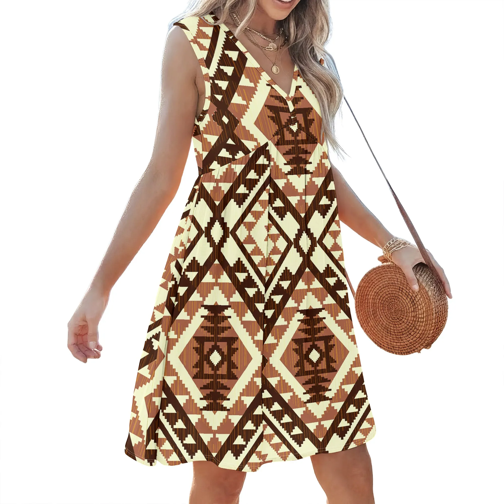 Damen Sommerkleid, Ärmelloses V-Ausschnitt Strandkleid im Casual-Stil, 3D Modisch Bedrucktes Kleid. – Detail 9