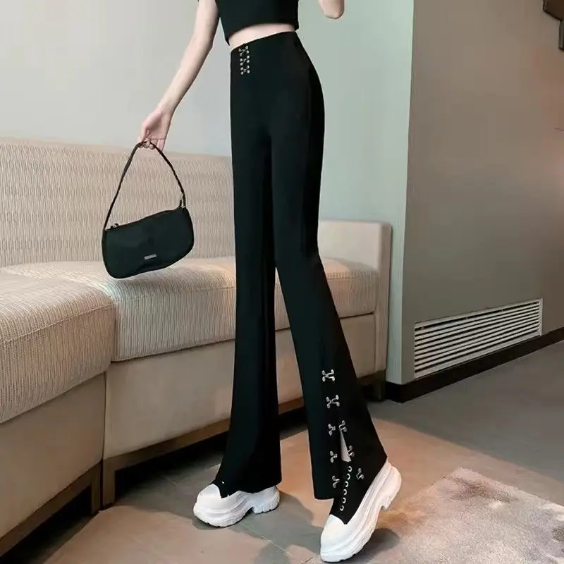 Korean Fashion Versatile Spring Autumn New Flare Pants Women Solid Color High Waist Elastic Casual Slit Wide Leg Trousers 2024