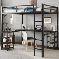 Children Beds, Full Size Loft Bed with Desk and Storage Shelves, Heavy Duty Metal Loft Bed with Black Desk and Guardrail 1