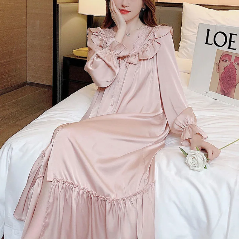 

Plus Size 3XL Female Nightgown French Ruffled Court Style Nightdress Sleepwear Long Sleeve Rayon Long Sleepshirt Sexy Homewear