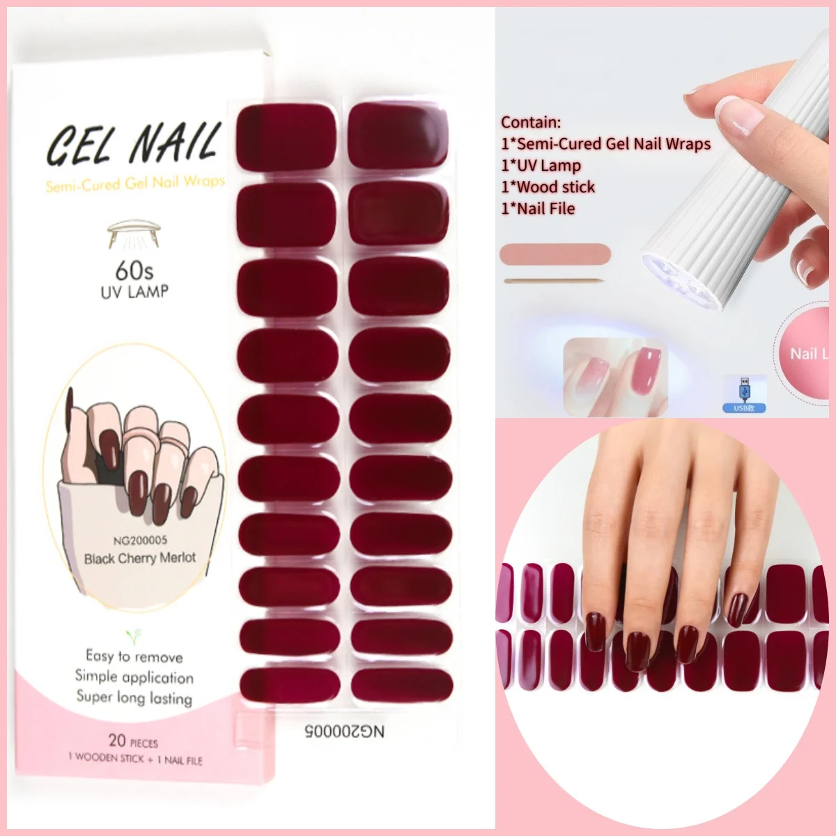 4Pcs/Set 20Tips NG Semi Cured UV Gel Nail Strip with Nail Lamp Sparkly Shinning Polish Stickers Kits Manicure Art