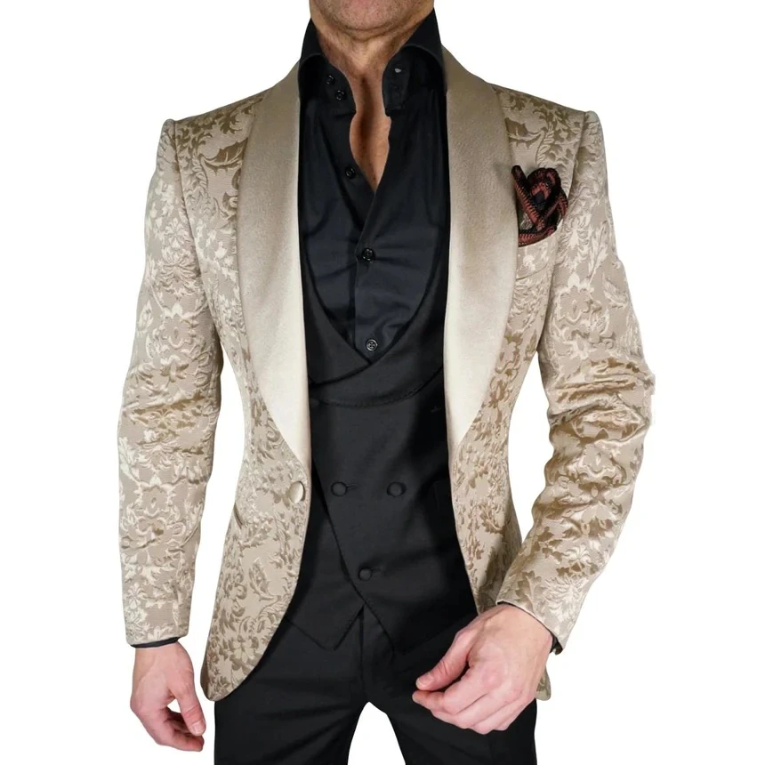 

Champagne Jacquard Blazer Black Vest Pants 3pcs Groom Tuxedo Slim Fit Customized Formal Party Dinner Men's Suit Fashion Costume