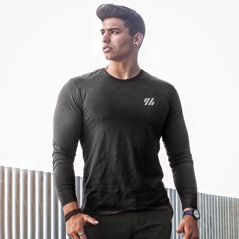 Men Running Slim Fit T-shirt Long sleeves Sports Tees Gym Fitness Sweatshirt Male Jogging Tracksuit Cotton Athletic Shirt Tops 2