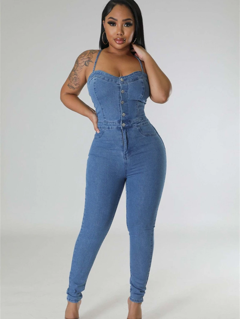 Monos de mezclilla con vendaje sexy INS para mujer, ropa de verano, monos de mezclilla sin mangas con espalda descubierta, monos de una pieza, conjuntos