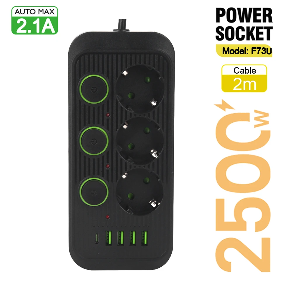 European Standard Power Strip with USB Ports and Network Filter, Individual Switch, EU Plug