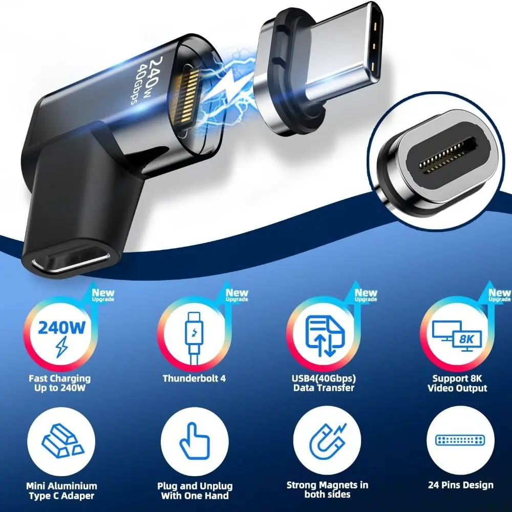Professional 240W USB C Magnetic Adapter 40Gbps PD Fast Charging Type-C Converter 90 Degree 8K 60Hz USB4 Adapter Laptop