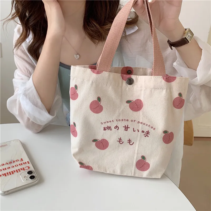 작은 캔버스 여성 토트 식품 가방 일본 복숭아 손 점심 가방 한국어 미니 학생 핸드백 면직물 피크닉 여행 도시락