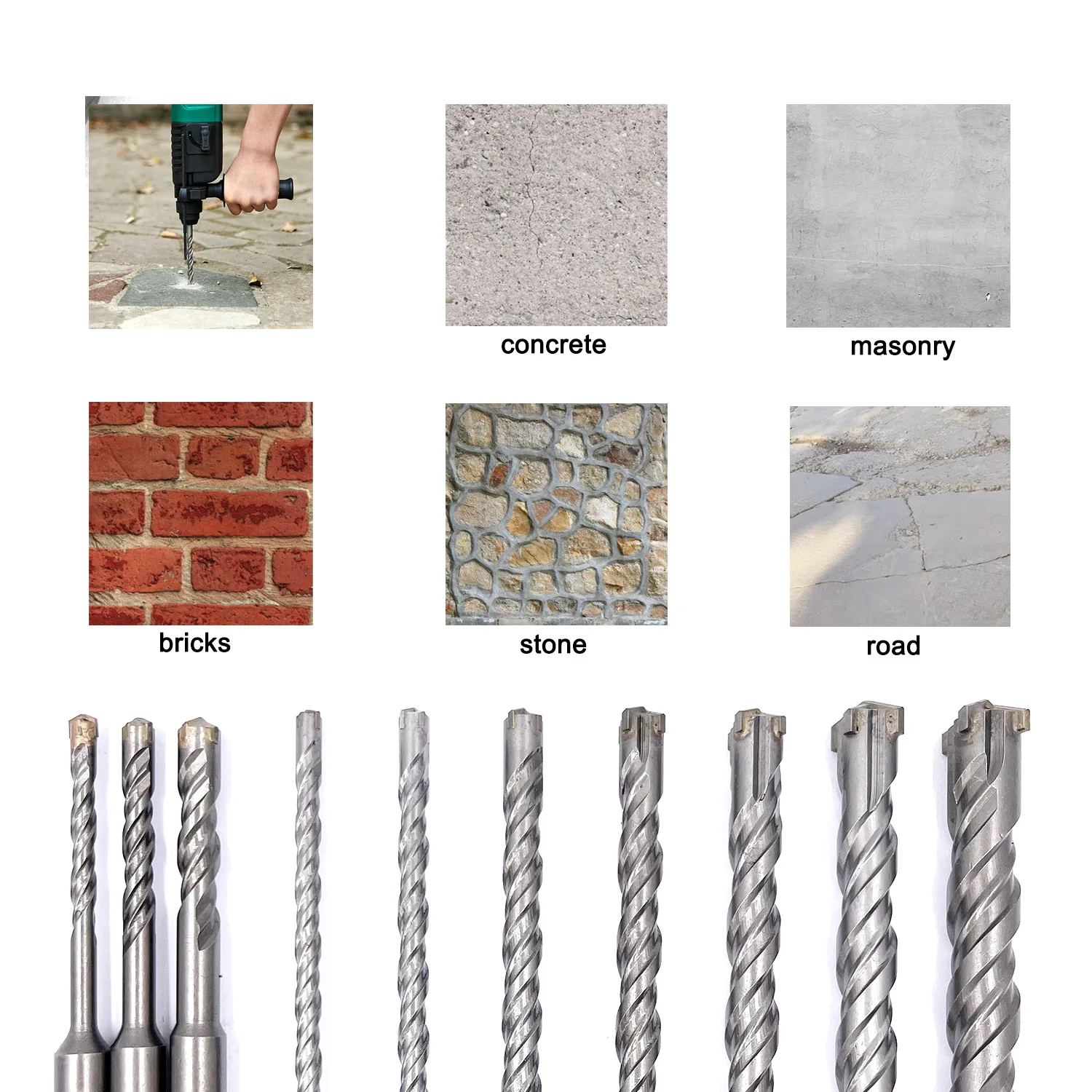 Drill Bit Set Carbide-Tipped SDS-Plus Rotary Hammer Drill Bit Set 10 Pieces for Concrete Brick Block Stone Masonry