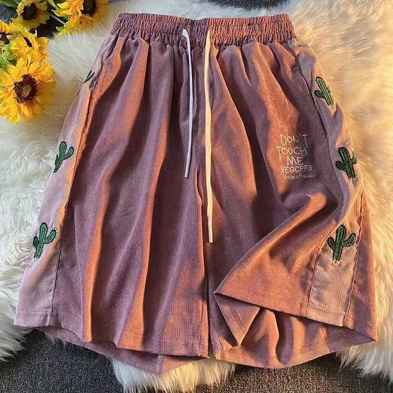 

2023 летние шорты с вышивкой кактуса, мужские брюки из пяти частей с эластичной талией