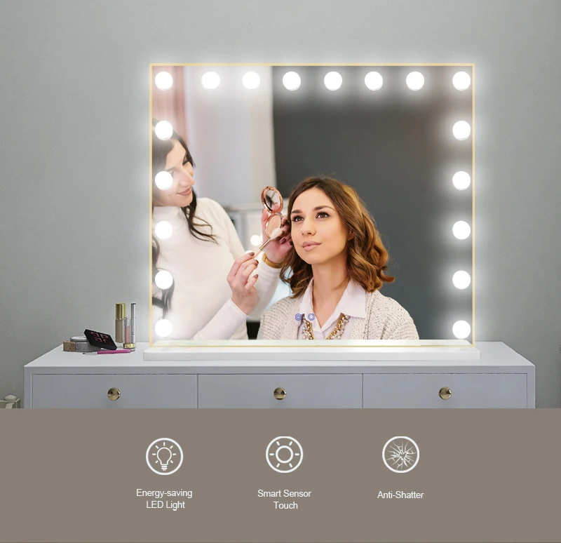 Square Base Large Touch Sensor Switch Touch Screen with LED Light Make Up Makeup Hollywood Vanity Cosmetic Mirror