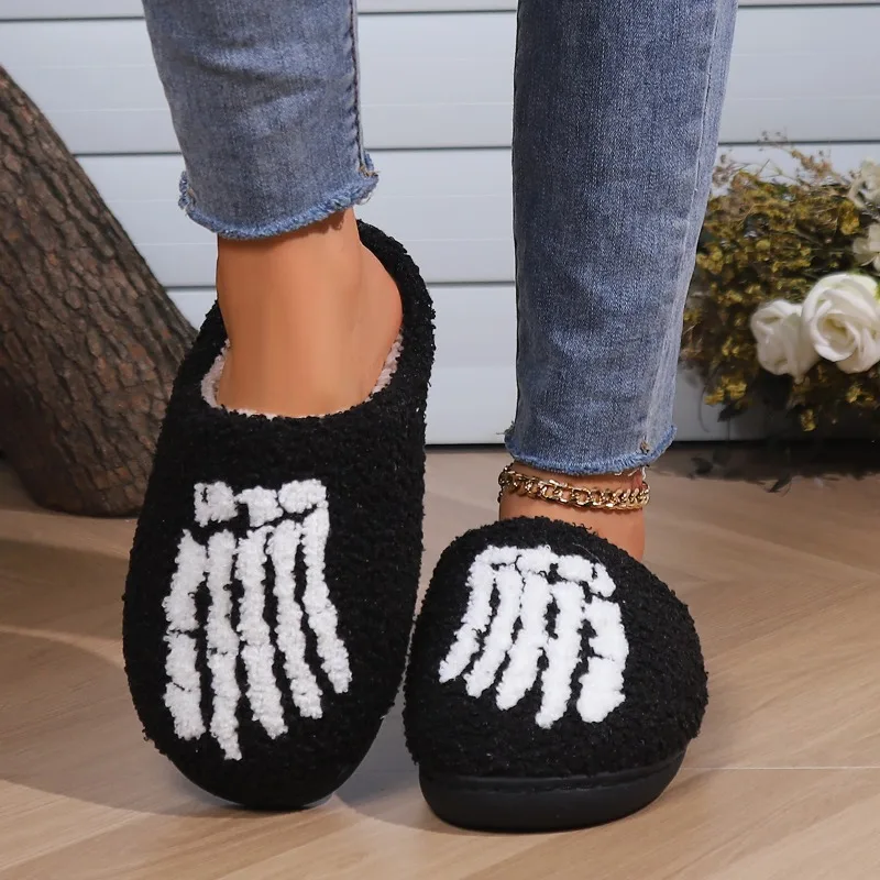 

2024 Warm Plush Slippers Women Winter Halloween Skull Home Cotten Slippers New Year Gifts Men Flip Flops Indoor Couple Slippers