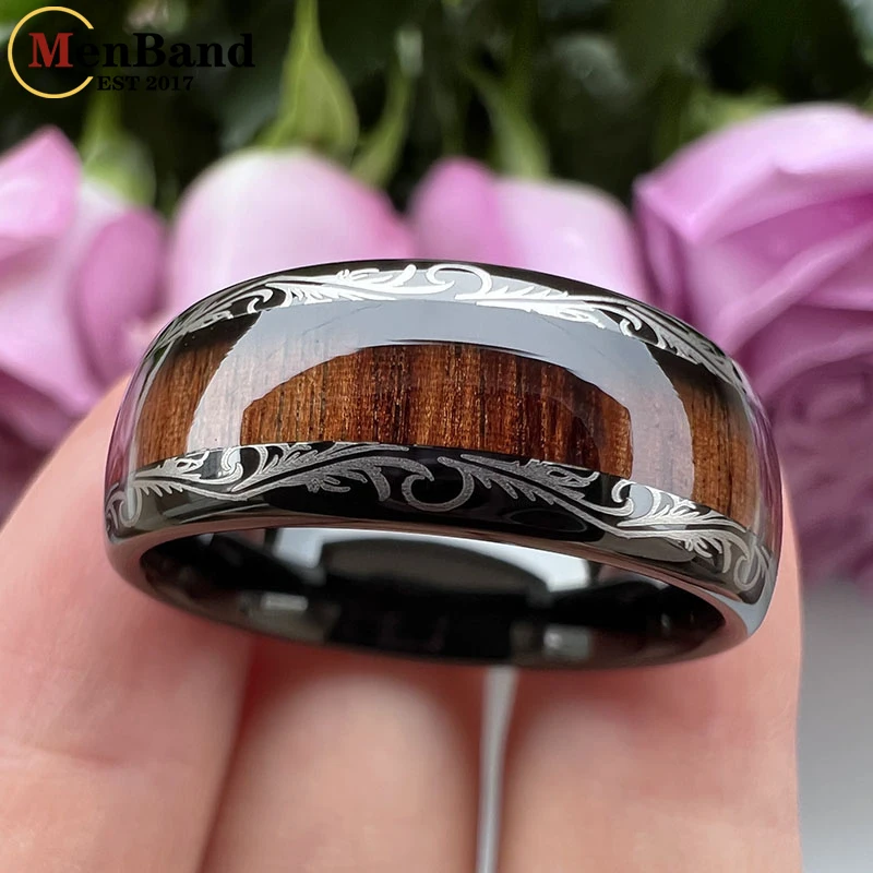 MenBand Vintage 8MM Leaf Veins Black Men Women Tungsten Carbide Wedding Band Ring Koa And Dark Red Wood Inlay Dome Comfort Fit 4