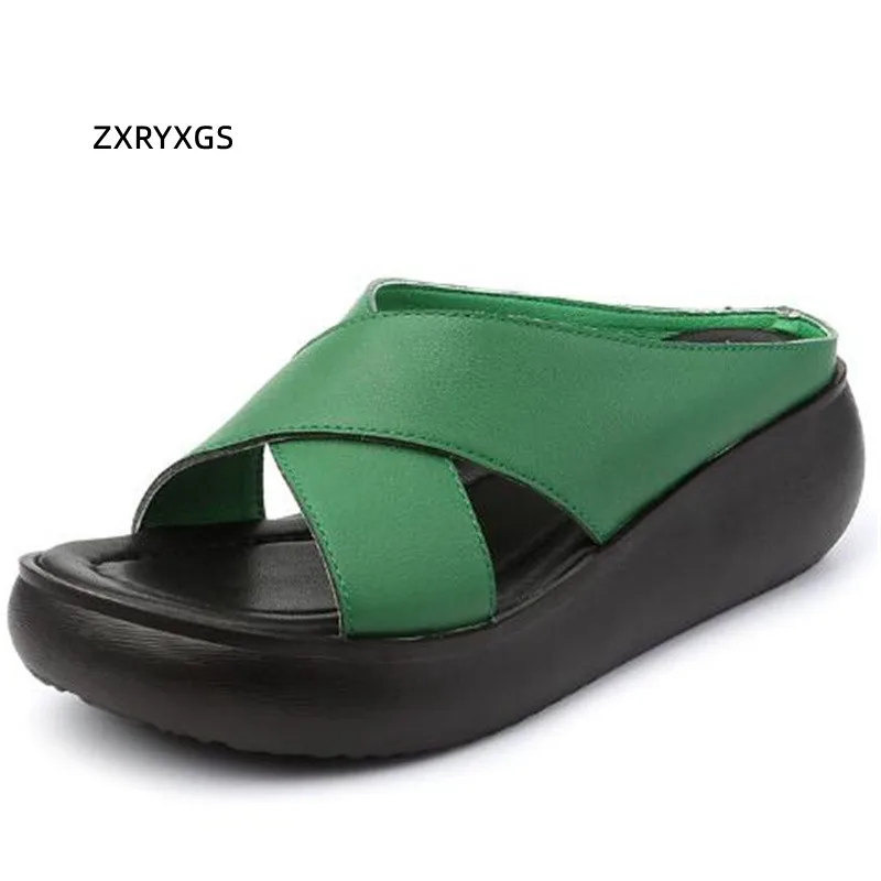 

ZXRYXGS Summer Genuine Leather Slippers Increased Sandals 2022 Large Size Flat Wedges Slippers Outdoor Wear Women Sandal Shoes