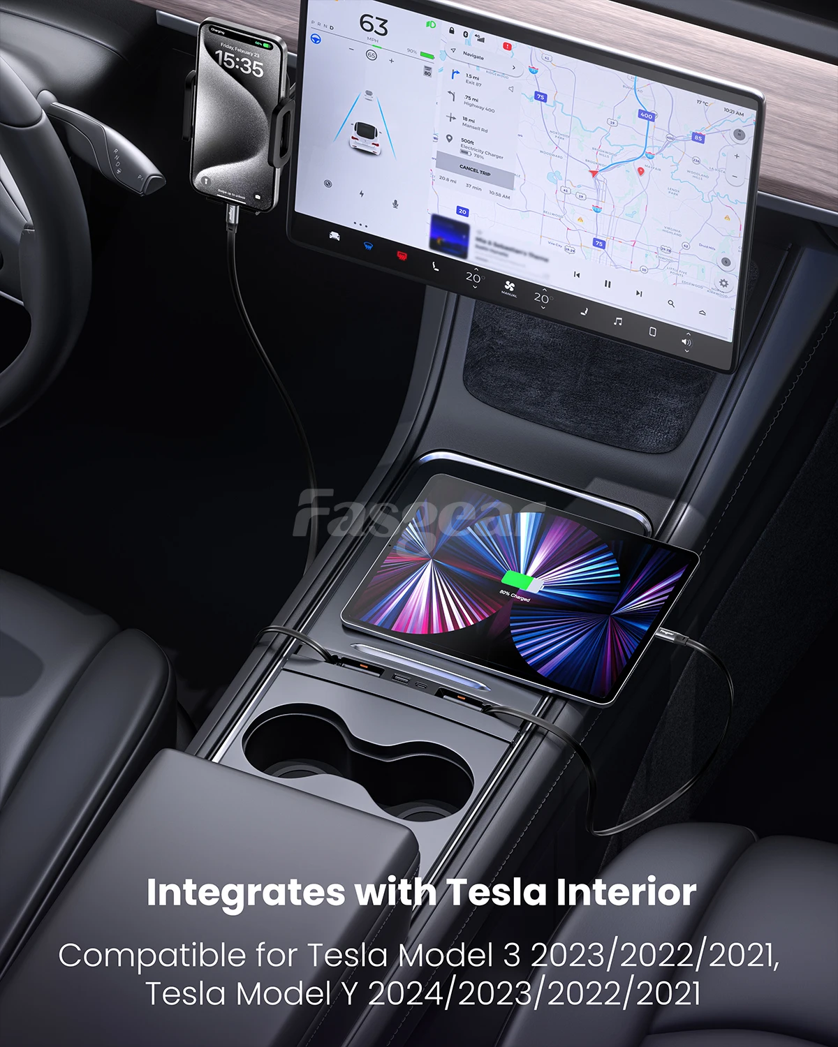 Fasgear 4-Port USB Hub Docking Station for Tesla Model 3/Y-Y with 2 Retractable Type C Cables for Center Console