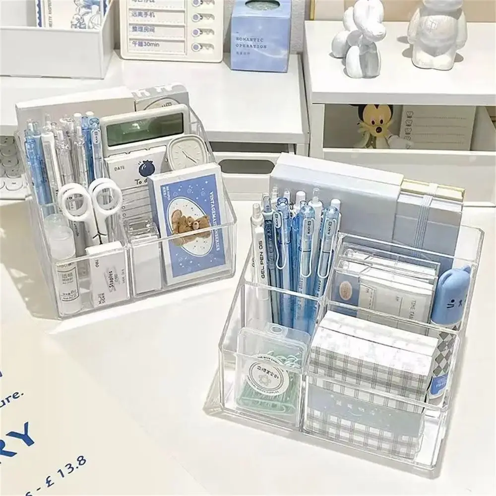 Desk Pen Holder Pen Stand Transparent Stationery Organizer 5-Grid Acrylic Pencil Storage Box Cosmetic Organizer