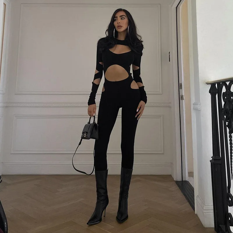 

New Black Long Sleeve Solid Backless Jumpsuit Women Elastic Hollow Out Patchwork Sexy Slimming Bodycon Rompers Party Clubwear