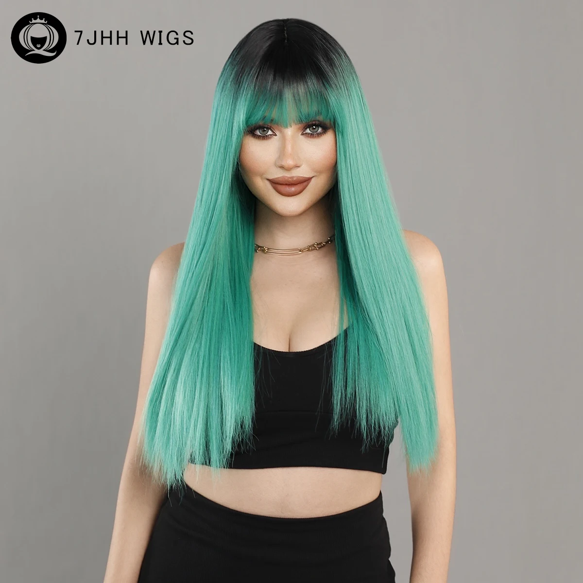 

7JHH WIGS Long Straight Black Ombre Green Wig for Women Daily Party High Density Synthetic Layered Hair Wigs with Bangs