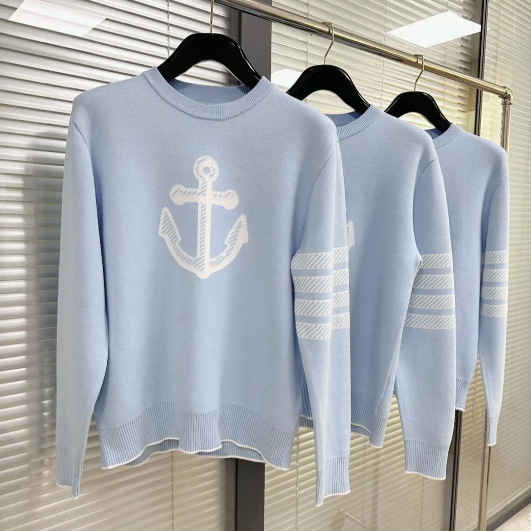 

Pullover Sweater Anchor Jacquard Crew-neck Sweater Knitwear Four Bars Grey With White Edge Pullover Sweater Tide