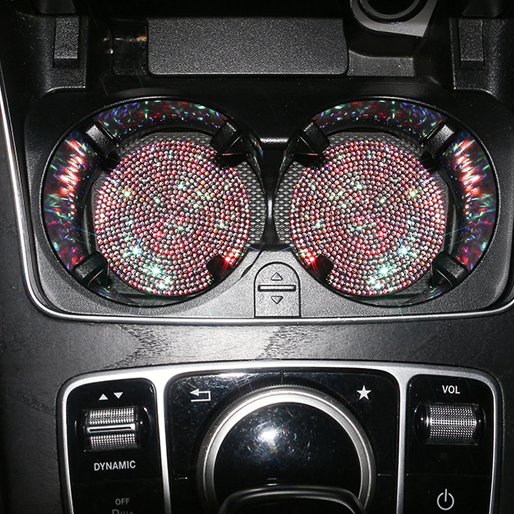 2PCS Diamond Car Coaster Water Cup Slot Non-Slip Mat Silica Gel Pad Cup Holder Mat Car Gadget Bling Accessories for Woman cup holder coasters car coaster pads