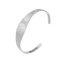 Saint Benedict Open Bangle Bracelet - Blessing & Protection Stainless Steel Jewelry Gift (Silver Color)