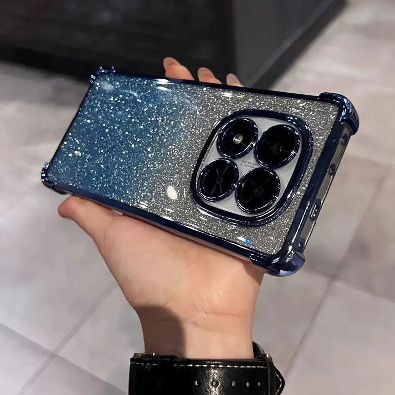 YUEQIAN Cover Glitterata per Xiaomi Redmi Note 14 Pro+ Plus 5G, Ultra Sottile Brillantini Anello Supporto Ragazza Custodia, Scintillante Trasparente Morbido TPU Antiurto Case. Rosa