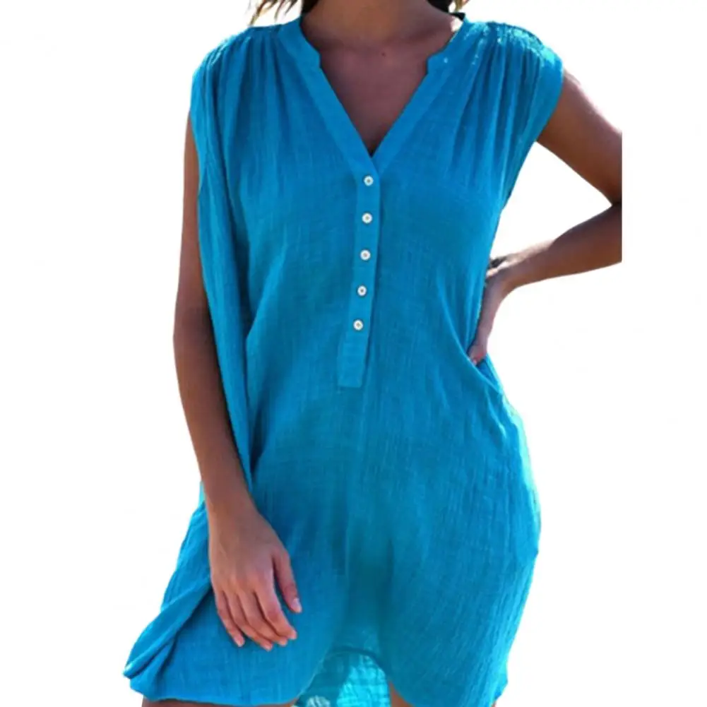 

Women Mini Beach Dress Sleeveless V-Neck Loose Button Decor Pullover Casual Solid Color Holiday Above Knee Length Summer Dress