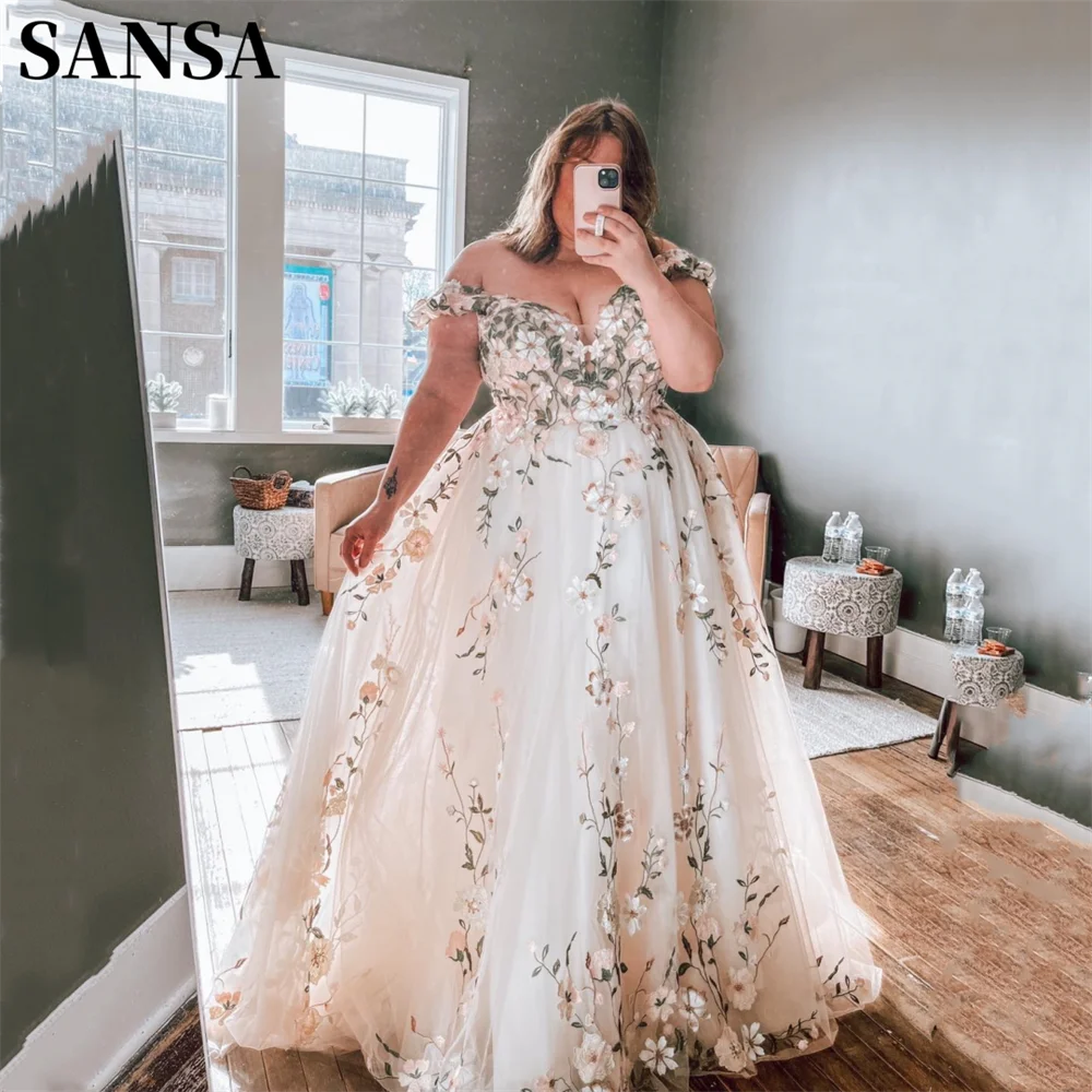 

Sansa Boho Off Shoulder Flower A-line Wedding Dress Flower Embroid Vestidos De Noche Plus Size Tulle Ball Gown فساتين السهرة