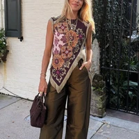 Haut à imprimé floral tendance avec franges pour femme, chemisier en satin vintage à col rond sans manches et ourlet asymétrique, hauts chics pour femme 2026 4