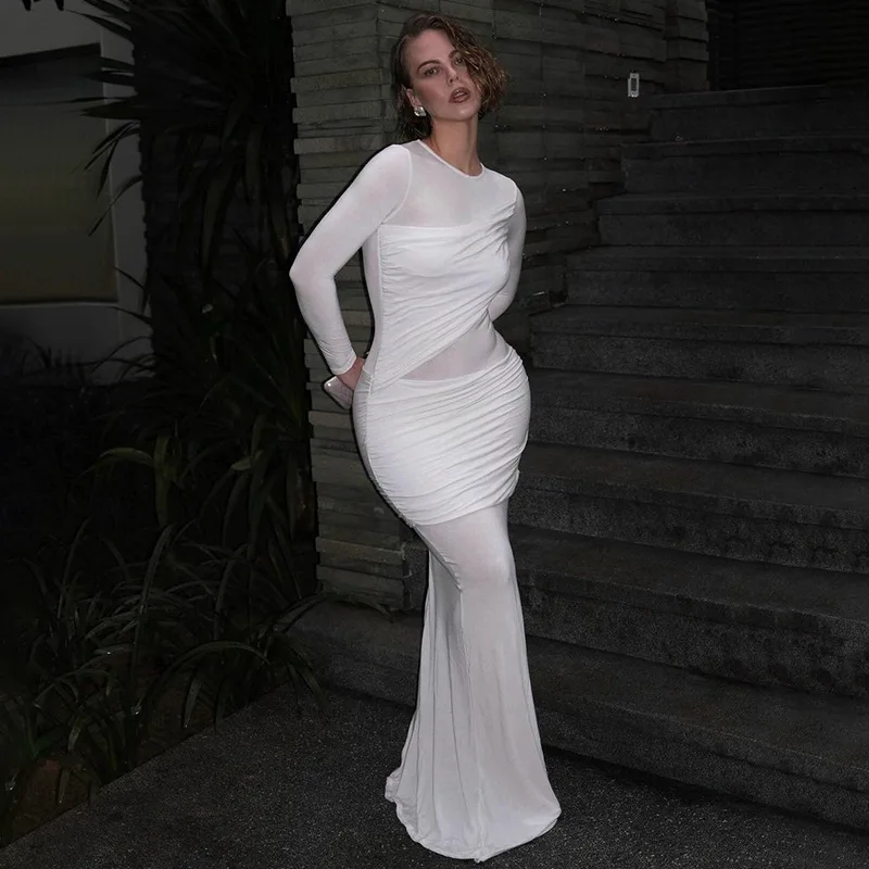 Fashion Mesh Patchwork Maxi Dress Women's Pleated Skinny High Waist Slim See-Through Solid Party Dress Female Long Dress