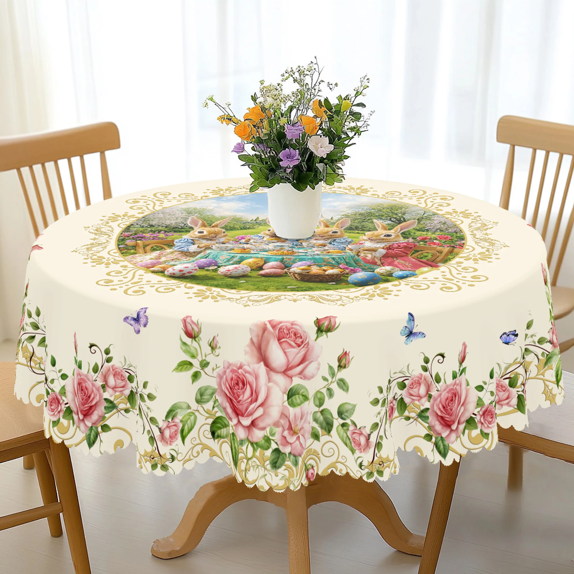 1 Piece of Easter Bunny Flower Print Round Tablecloth, 5 Sizes Available, Easter Bunny Flower Print Square Tablecloth, Edge Embossing Process, Wedding Decoration, Easter Spring Garden Tablecloth Decoration, Tablecloth for Daily Home Kitchen, Terrace, Easter Decoration 4